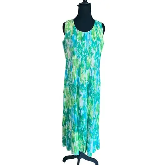 Vintage Choices 100% Linen Sleeveless Green and Blue Maxi Dress small - Picture 2 of 15